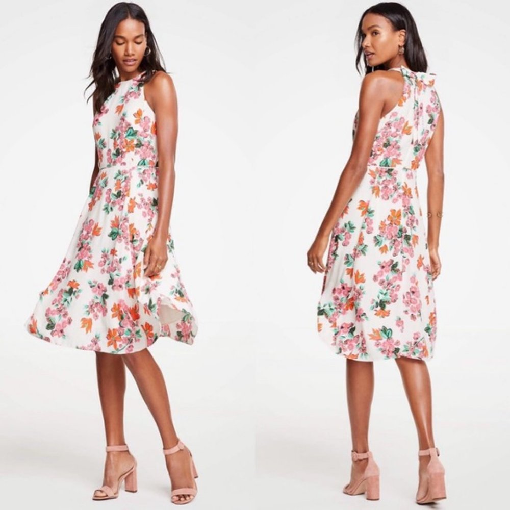 Ann Taylor  Floral Halter Bow Back Flare Dress